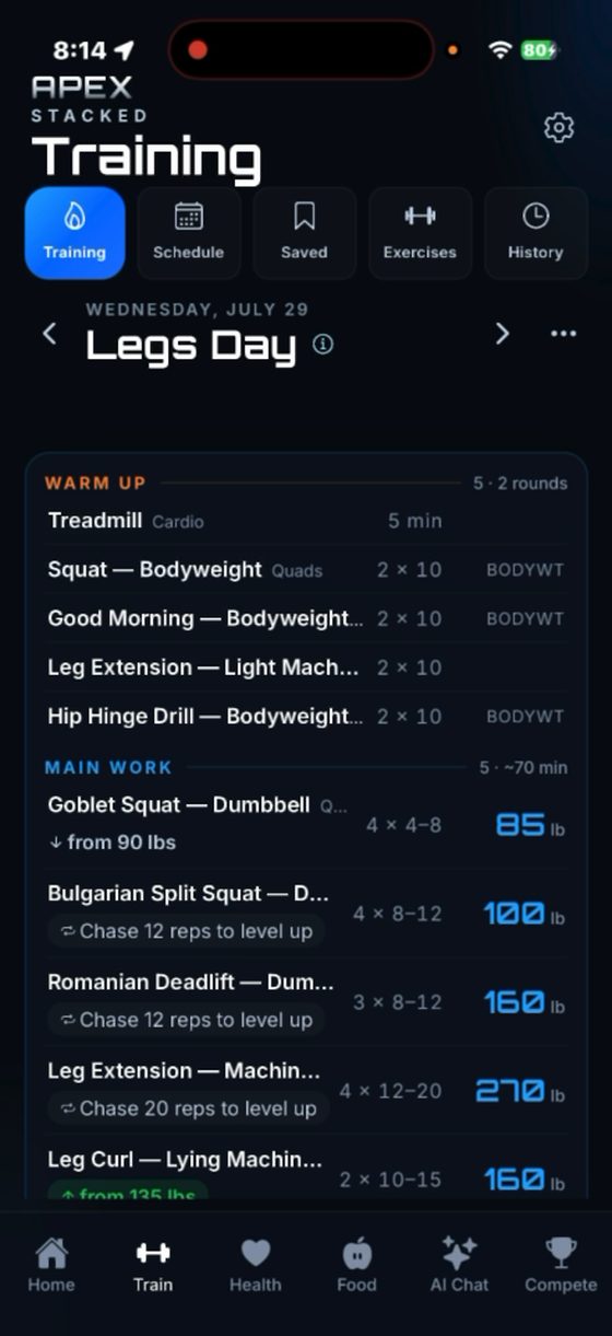 ApexStacked Legs Day workout — warm-up and main work